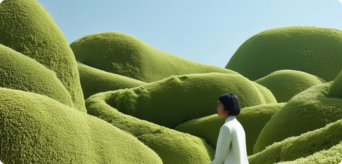 Girl among green hills